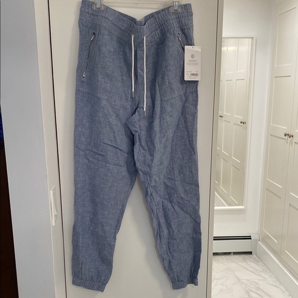 Casual Blue Linen Joggers with Zipper Pockets - Picture 1 of 9